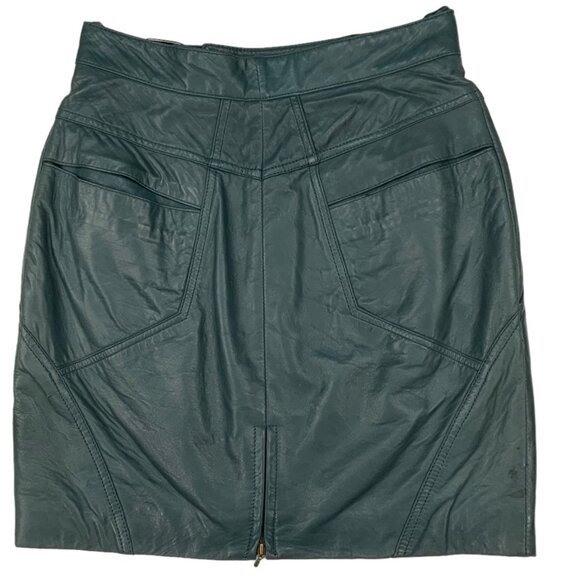 Glen Wood Vintage Soft Leather Skirt 8 Green Mini Angled Front Zip Pocket Retro - Picture 11 of 12